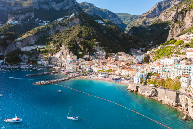 Panoramic view of Cetara, a traditional fishing village nestled between the mountains and the Mediterranean Sea on the Amalfi Coast, Italy.