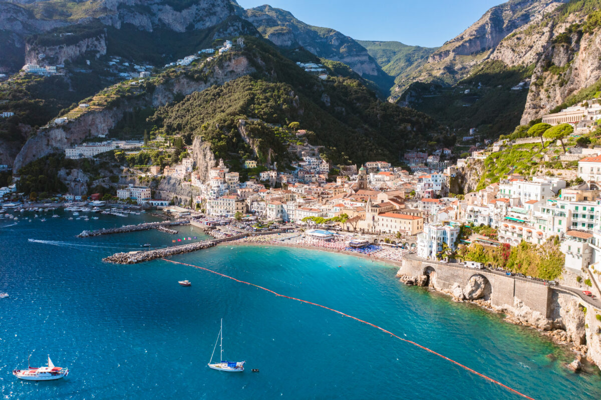 Panoramic view of Cetara, a traditional fishing village nestled between the mountains and the Mediterranean Sea on the Amalfi Coast, Italy.
