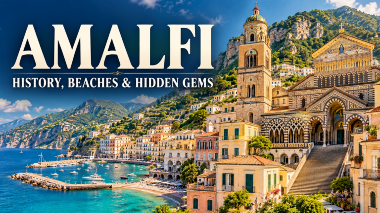 Illustrated view of Amalfi featuring Saint Andrew’s Cathedral, the waterfront and the Mediterranean Sea, with the title “Amalfi: History, Beaches & Hidden Gems”.