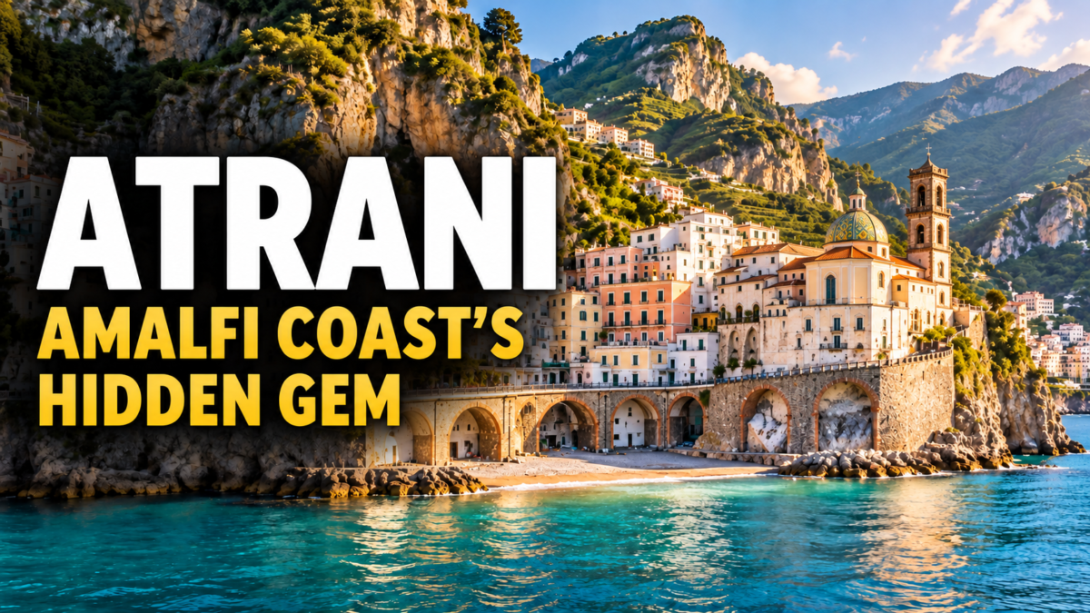 Illustrated view of Atrani on the Amalfi Coast, featuring Santa Maria Maddalena Church, pastel-coloured buildings and the Mediterranean Sea.