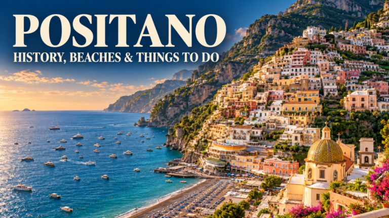 Illustrated view of Positano’s pastel-coloured hillside houses, Santa Maria Assunta’s tiled dome, Spiaggia Grande and the Mediterranean Sea, titled “Positano: History, Beaches & Things to Do”.